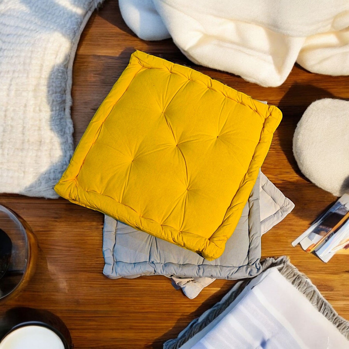 Plush Rectangular Floor Cushion 45x45x10cm - Soft Cotton Aqua Grey Pillow for Comfortable Seating and Decor