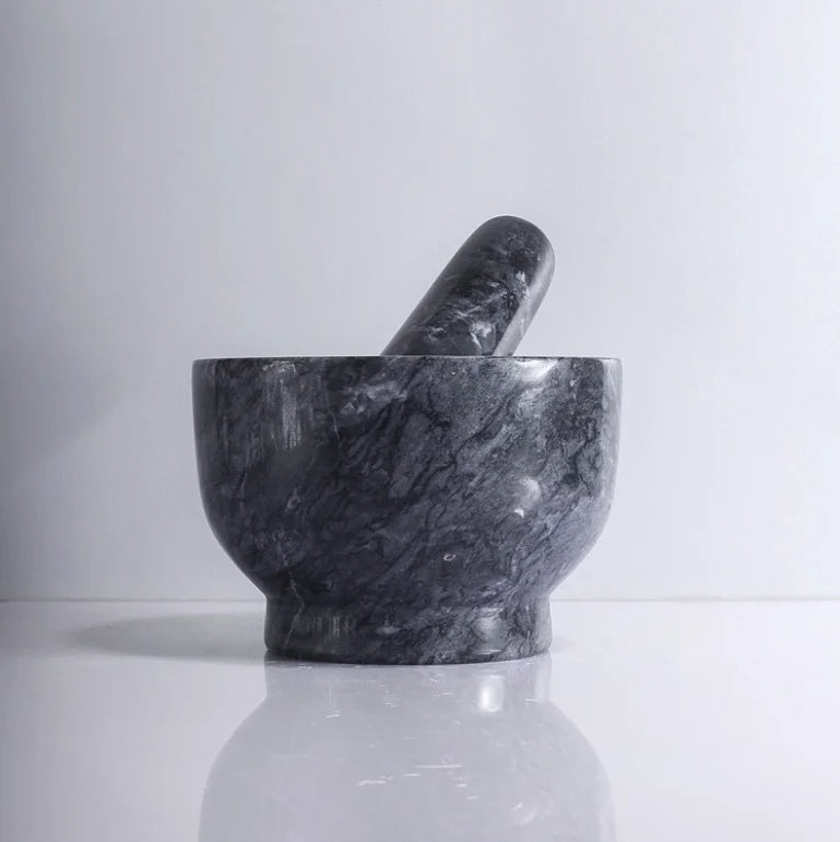 Engraved Black Granite & Natural Marble Mortar and Pestle Set - Handcrafted Ginger Garlic Press, Crusher, and Chopper - Small Size for Efficient Grinding and Crushing in Kitchen or Culinary Use