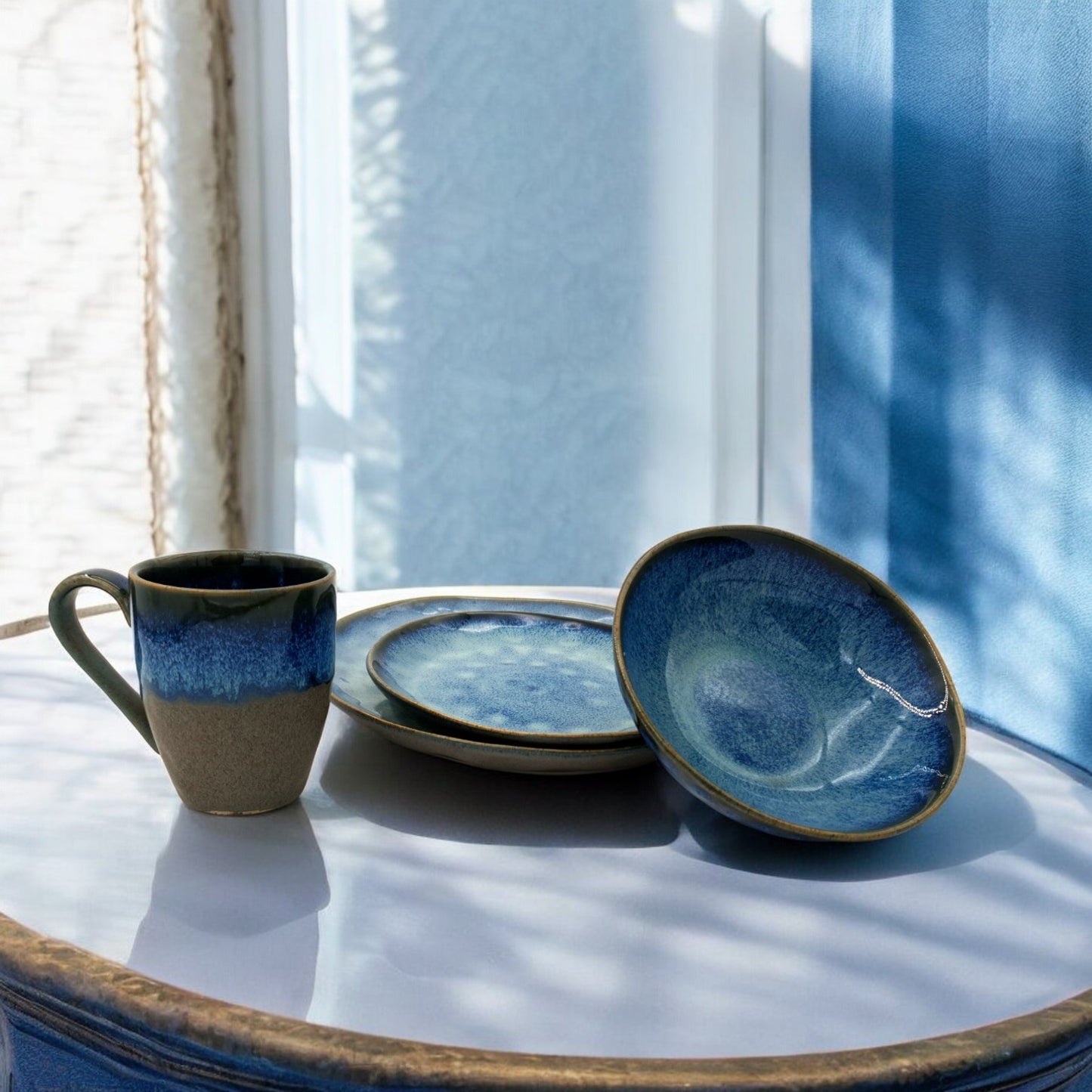 Waterdrop Blue Jeans Stoneware Crockery Set - 16-Piece Dinnerware Set - Stylish and Durable for Dining, Serving, and Entertaining with a Trendy and Casual Aesthetic