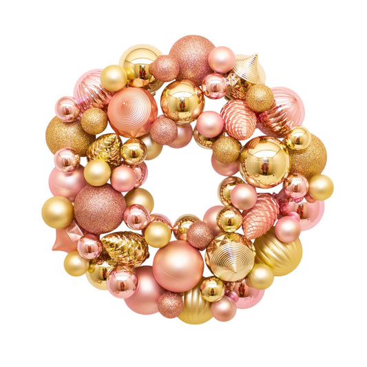 Pink Champagne Shatterproof Bauble Wreath 33 cm Elegant Christmas Decoration for Doors, Walls, and Mantels, Holiday Ornament Wreath with Glossy, Matte, and Glitter Finishes