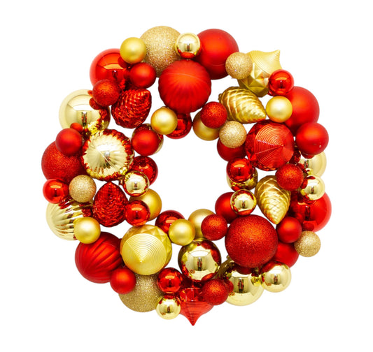 Red & Gold Shatterproof Bauble Wreath 33 cm Festive Christmas Decoration for Doors, Walls, and Mantels, Holiday Ornament Wreath with Glitter Accents for Seasonal Home Styling