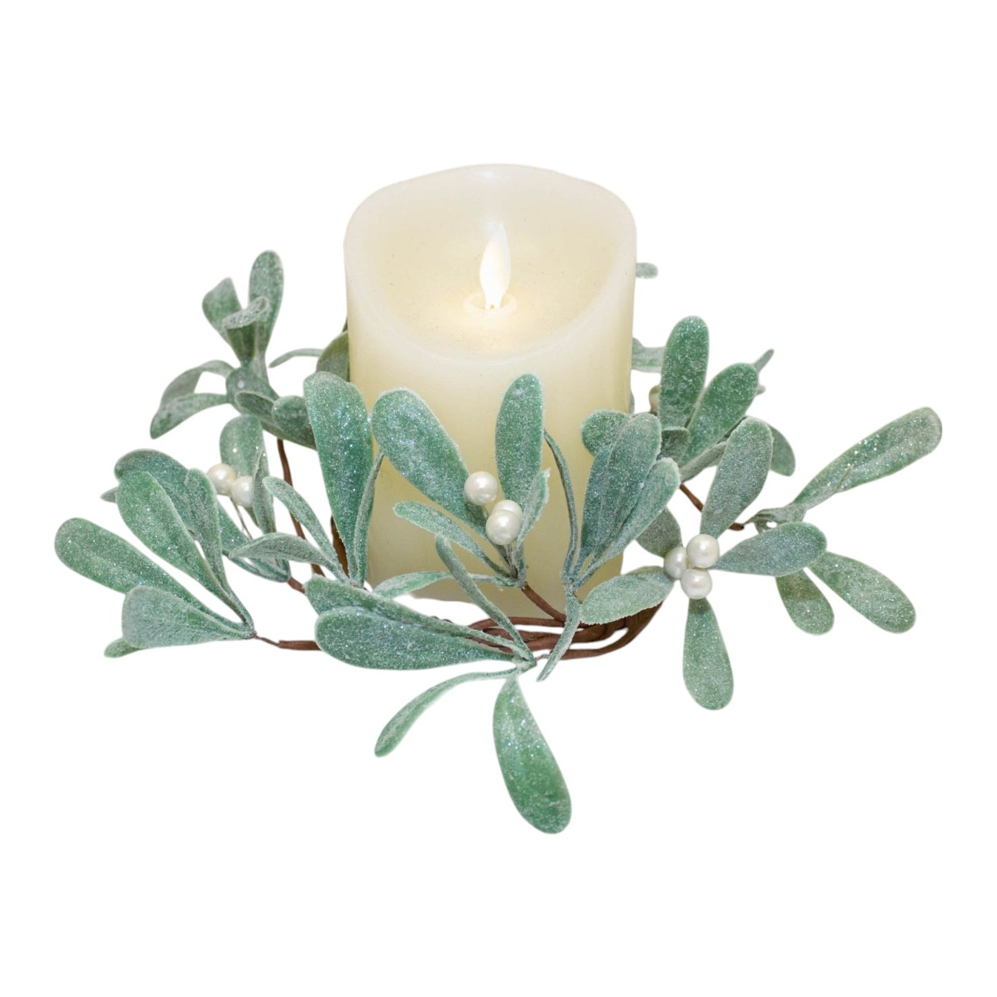 Frosted Mistletoe Candle Ring 11 cm Artificial Holiday Greenery Wreath for Christmas Decor, Winter Table Centerpieces, Festive Accents, Decorative Ring for Votive and Pillar Candles