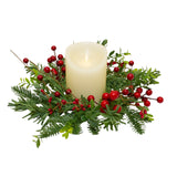 Berried Foliage Candle Ring 11 cm Festive Greenery Wreath for Table Decor, Holiday Centerpieces, Rustic Christmas Accents, Artificial Berry and Leaf Ring for Votive and Pillar Candles