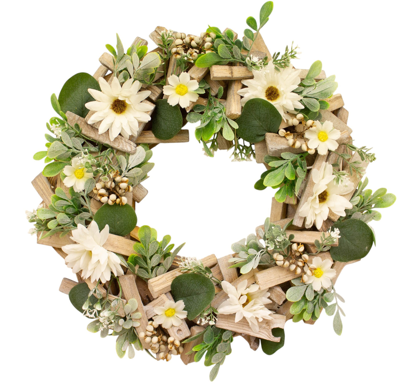 Daisy Wood Wreath 33 cm - Rustic Wooden Wreath with Delicate Daisy Accents - Perfect for Home Décor, Door Hanging, and Seasonal Displays