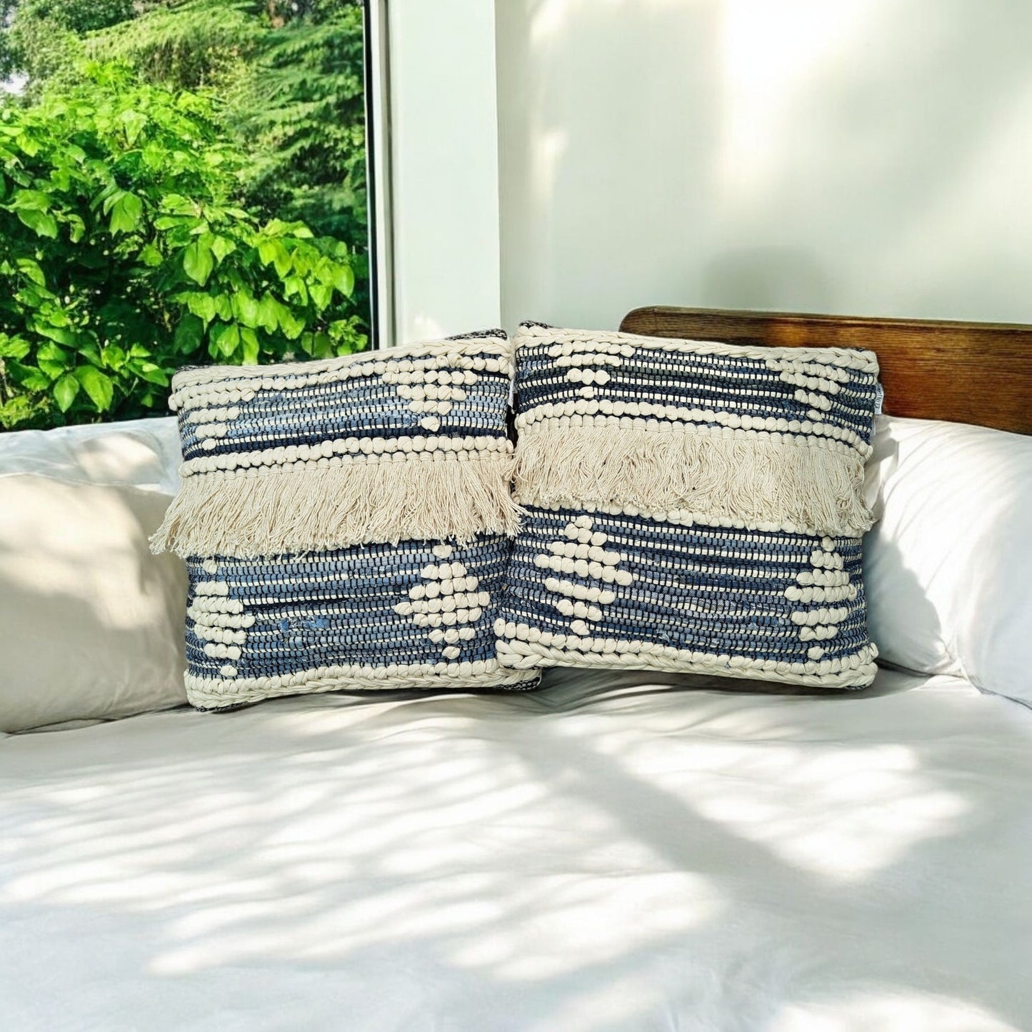 DENIM FRILLED CUSHION 45.7x45.7cm - Soft, Durable Denim Fabric with Stylish Frilled Edges - Perfect Decorative Accent for Living Room, Bedroom, or Office - Comfortable, Lightweight, and Easy to Maintain
