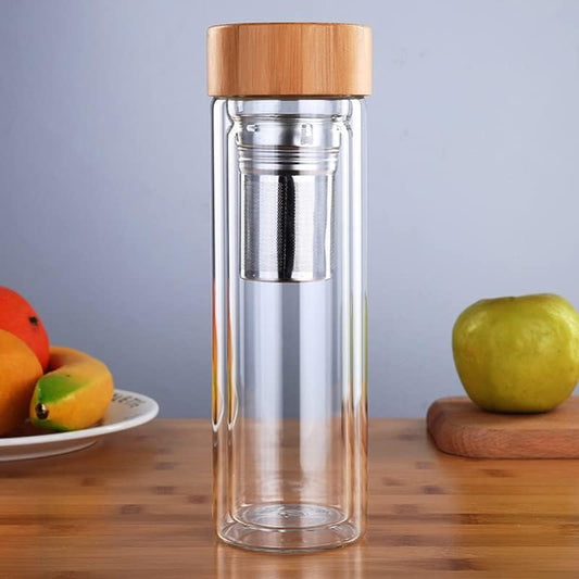 400 ML Glass Bottle with Wooden Cover - Eco-Friendly Clear Water Bottle with Filter - Stylish and Practical for Daily Hydration, Travel, and Eco-Conscious Living