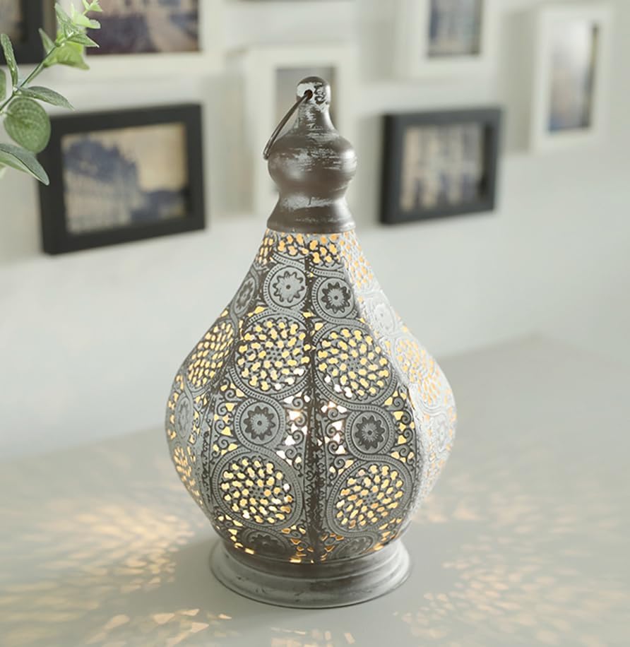 Moroccan-style vintage battery-operated lamp – decorative outdoor/indoor battery-powered lantern with intricate design, warm ambient lighting for home décor, patio, weddings, and festive occasions, portable and elegant.
