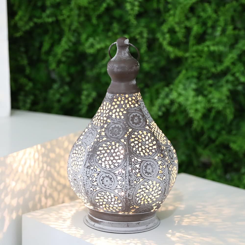 Moroccan-style vintage battery-operated lamp – decorative outdoor/indoor battery-powered lantern with intricate design, warm ambient lighting for home décor, patio, weddings, and festive occasions, portable and elegant.