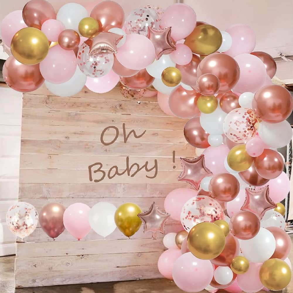 Rose Gold Balloon Garland Arch Kit with Pink, Gold & White Balloons, 120-Piece Set, Includes Metallic & Confetti Balloons, DIY Party Decoration for Birthday, Wedding, Baby Shower & Events