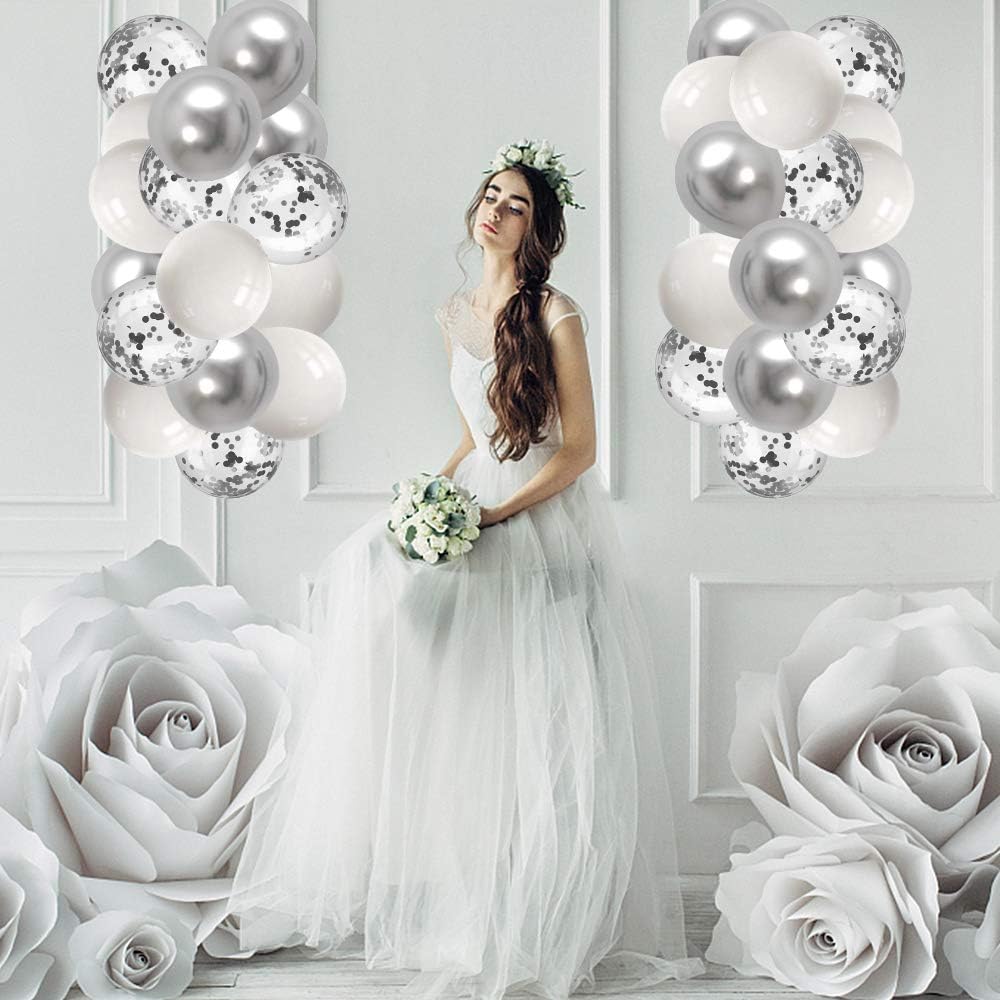 White Silver Balloon Garland Arch Kit, 100 Pcs Set, 5In, 10In, 12In Metallic Chrome & Silver Confetti Balloons, DIY Party Decoration for Birthday, Wedding, Baby Shower & Events