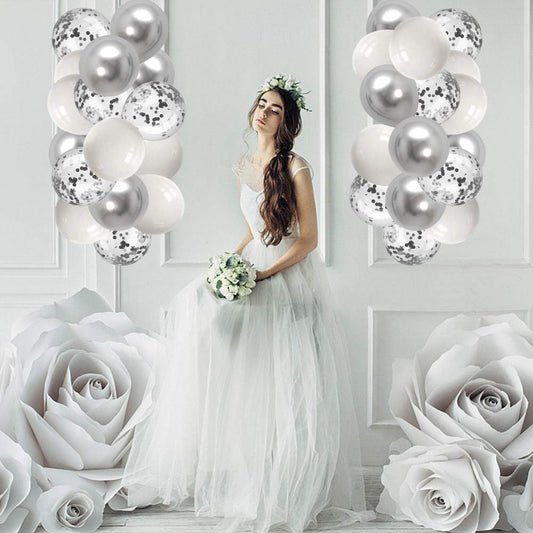 White Silver Balloon Garland Arch Kit, 100 Pcs Set, 5In, 10In, 12In Metallic Chrome & Silver Confetti Balloons, DIY Party Decoration for Birthday, Wedding, Baby Shower & Events