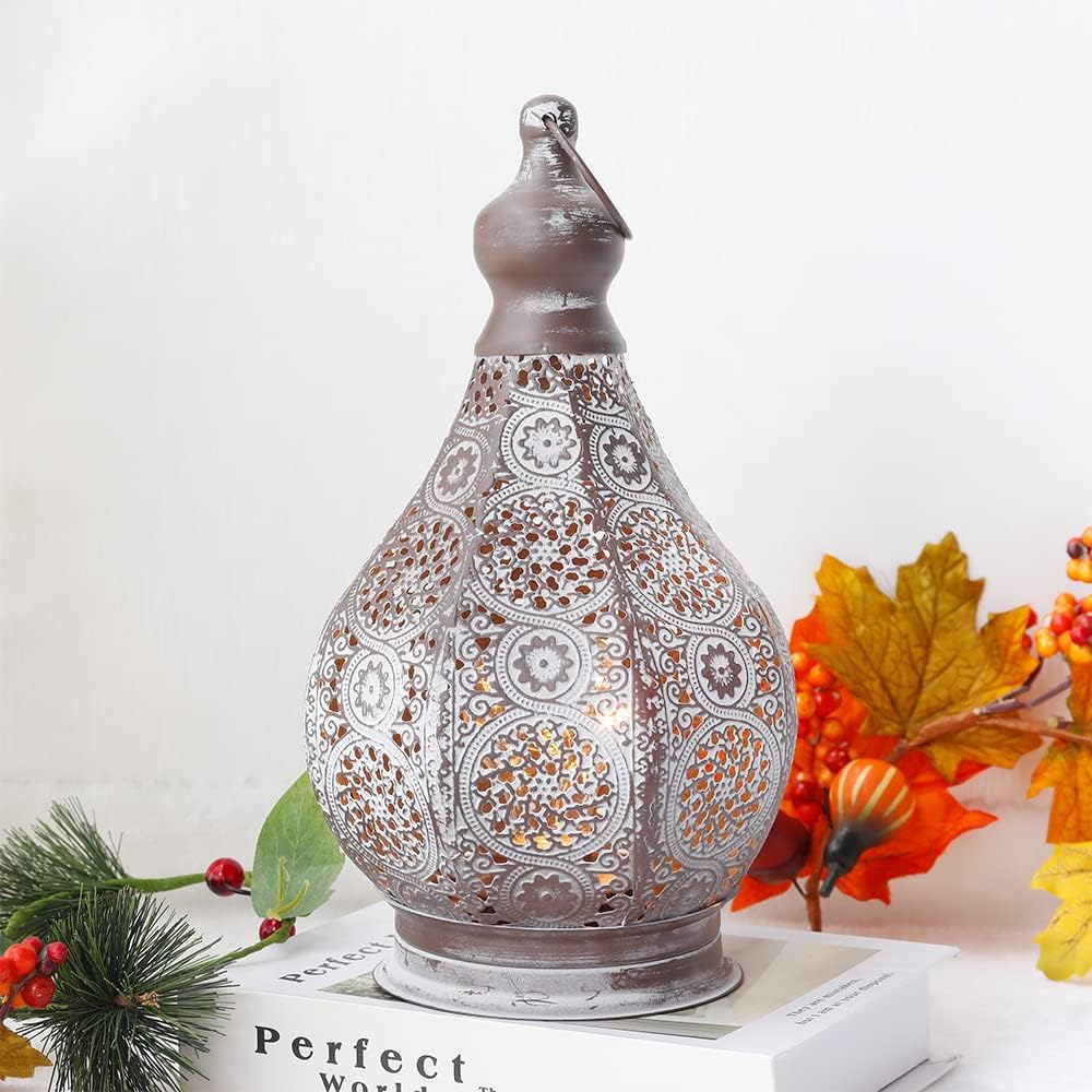 Moroccan-style vintage battery-operated lamp – decorative outdoor/indoor battery-powered lantern with intricate design, warm ambient lighting for home décor, patio, weddings, and festive occasions, portable and elegant.
