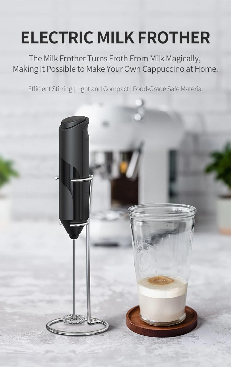 Battery-operated electric milk frother – handheld foam maker with powerful motor for creamy and smooth froth, perfect for lattes, cappuccinos, hot chocolate, and more, lightweight and easy to use for home or travel.