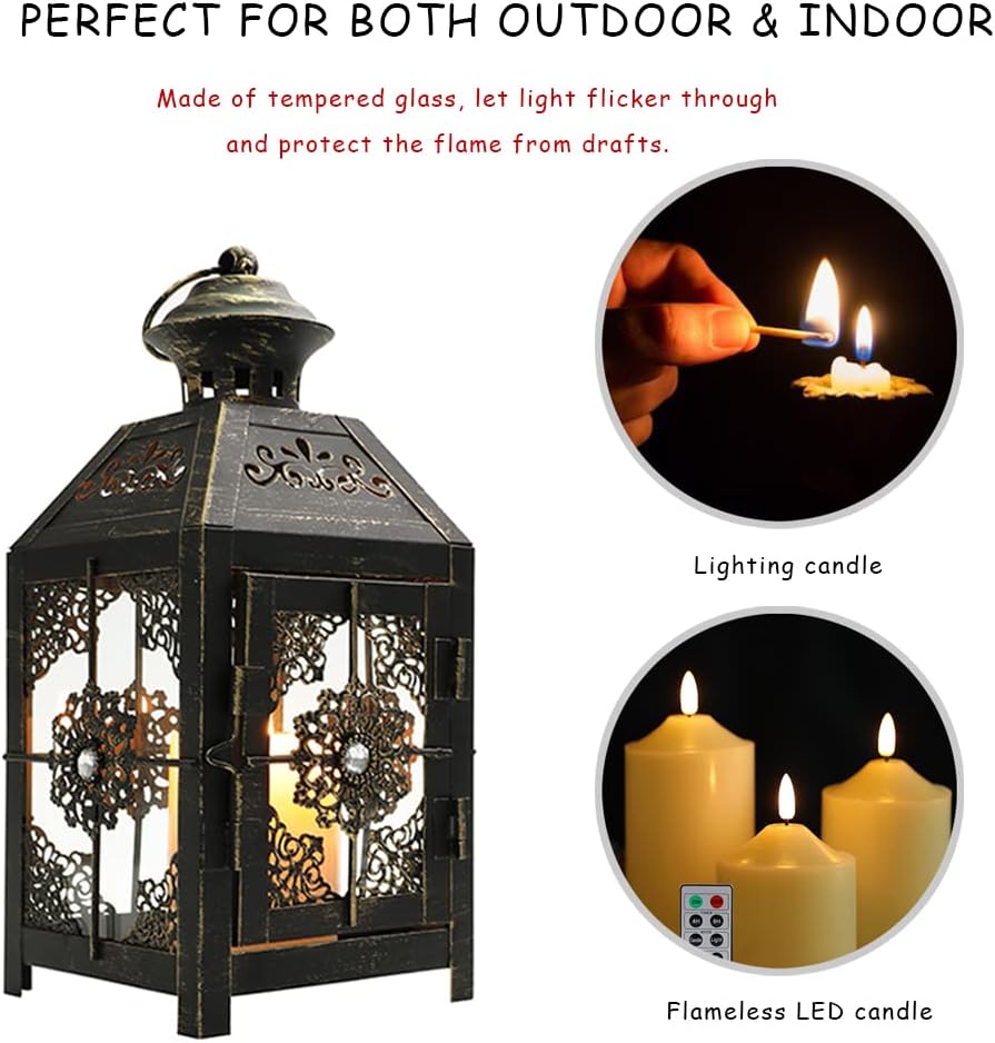 Black antique metal wind candle lantern – vintage retro hanging lantern with rusted metal & glass, classic design with handle for easy carrying, perfect for home décor, outdoor lighting, weddings, and rustic-themed settings.