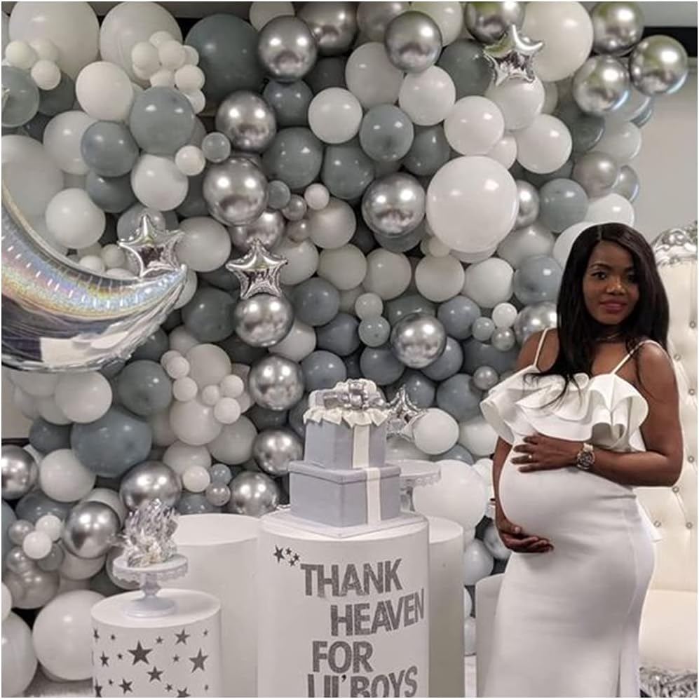 White Silver Balloon Garland Arch Kit, 100 Pcs Set, 5In, 10In, 12In Metallic Chrome & Silver Confetti Balloons, DIY Party Decoration for Birthday, Wedding, Baby Shower & Events