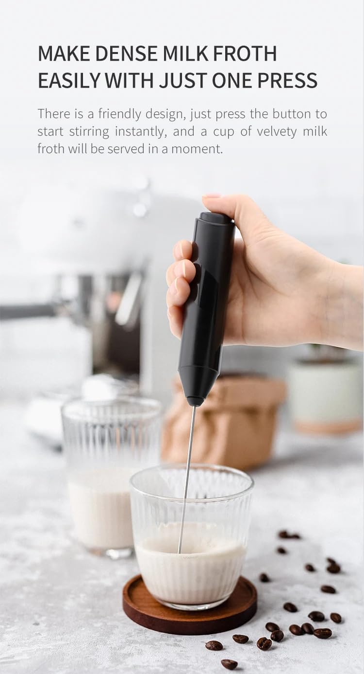 Battery-operated electric milk frother – handheld foam maker with powerful motor for creamy and smooth froth, perfect for lattes, cappuccinos, hot chocolate, and more, lightweight and easy to use for home or travel.