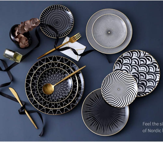 8-Inch Black Plates with Radial White Dots Premium Ceramic Dinnerware Set for Home and Restaurant Elegant Modern Design Durable and Scratch-Resistant for Everyday Use and Special Occasions