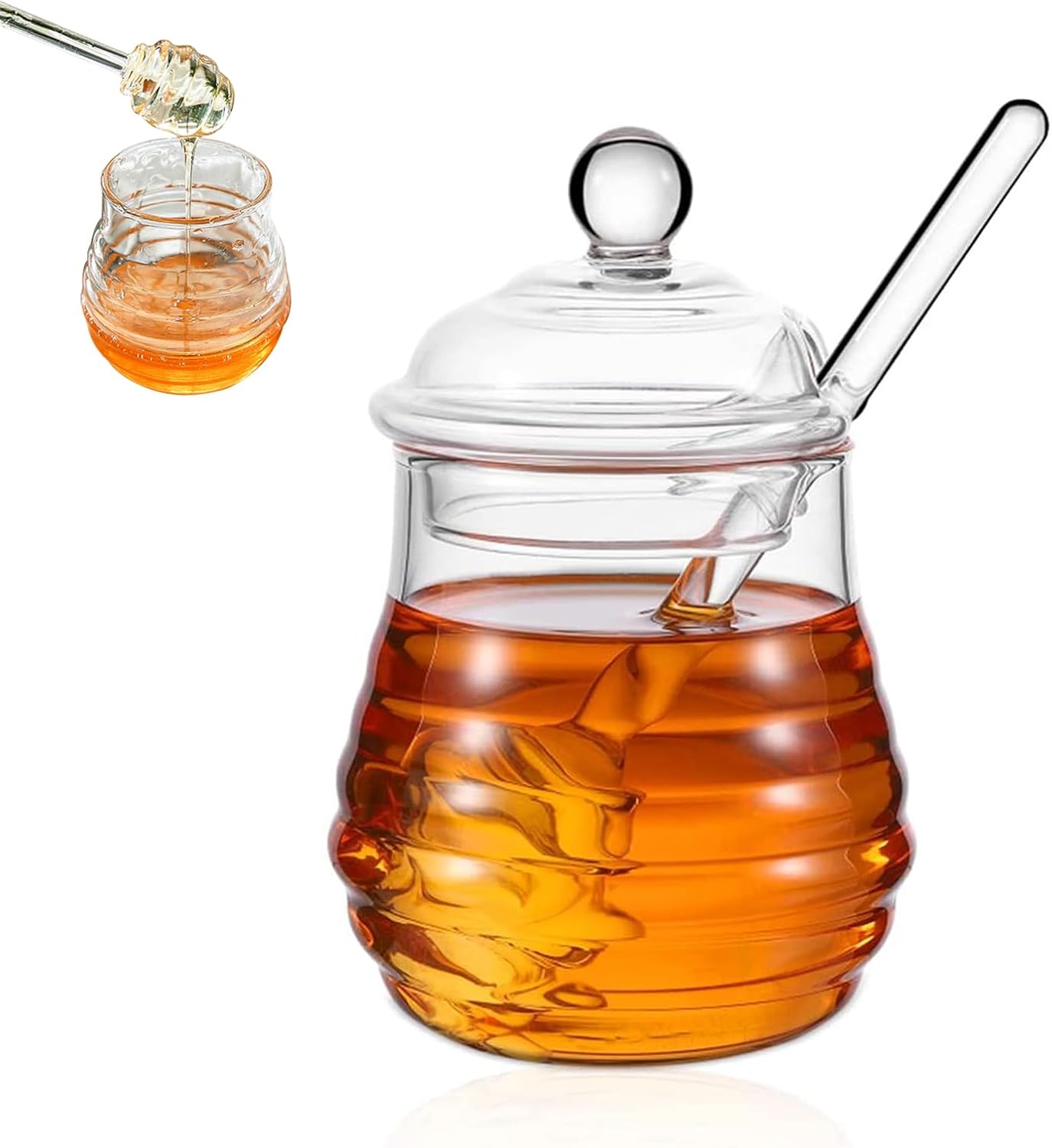 Glass Honey Jar with Dipper - Elegant and Practical Honey Storage - Made of Clear Glass for Easy Viewing - Includes a Wooden Dipper for Convenient and Mess-Free Serving - Ideal for Kitchen or Dining Table Use