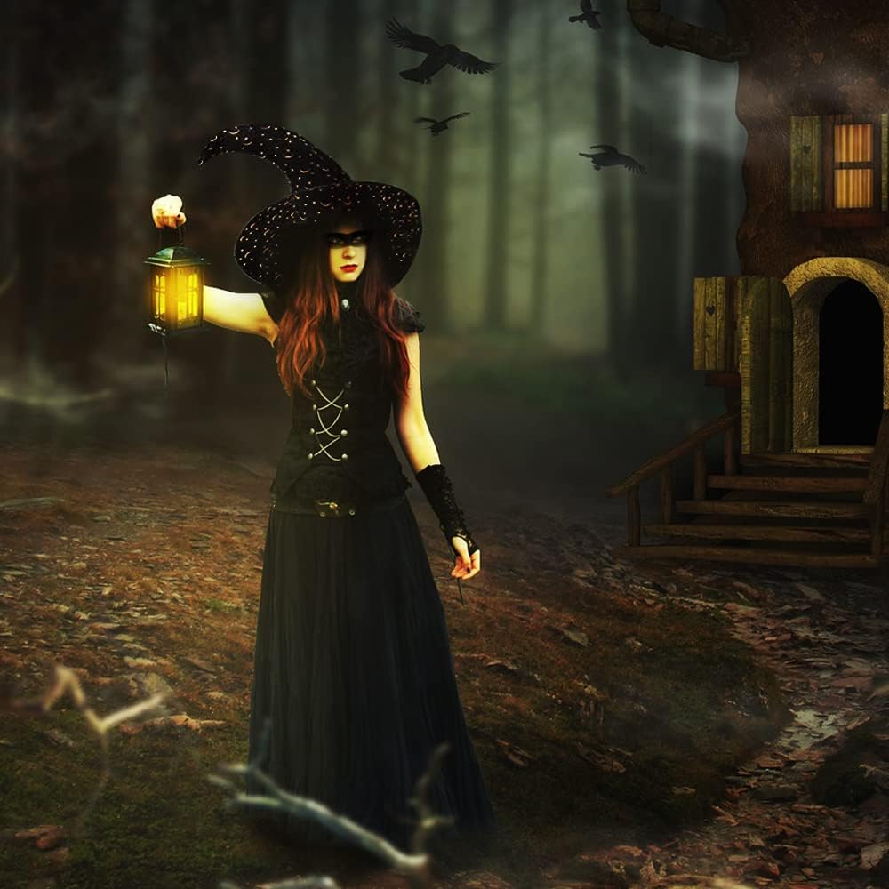 Black Horned Witch Hat – Halloween Costume & Party Decoration – Gothic Magic Hat with Star & Moon Design – Spooky Witch Accessory for Cosplay & Themed Events