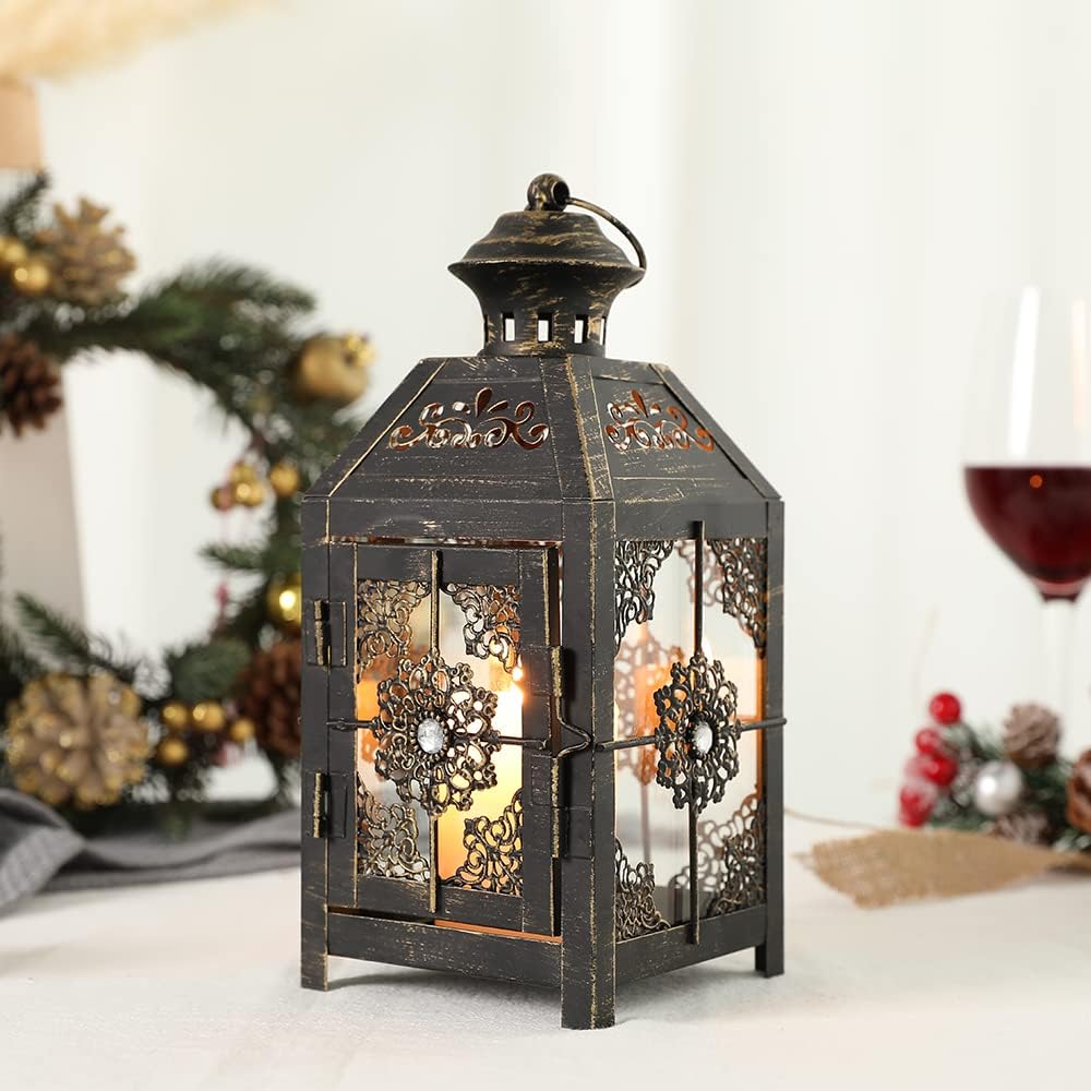 Black antique metal wind candle lantern – vintage retro hanging lantern with rusted metal & glass, classic design with handle for easy carrying, perfect for home décor, outdoor lighting, weddings, and rustic-themed settings.