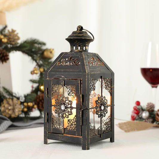 Black antique metal wind candle lantern – vintage retro hanging lantern with rusted metal & glass, classic design with handle for easy carrying, perfect for home décor, outdoor lighting, weddings, and rustic-themed settings.