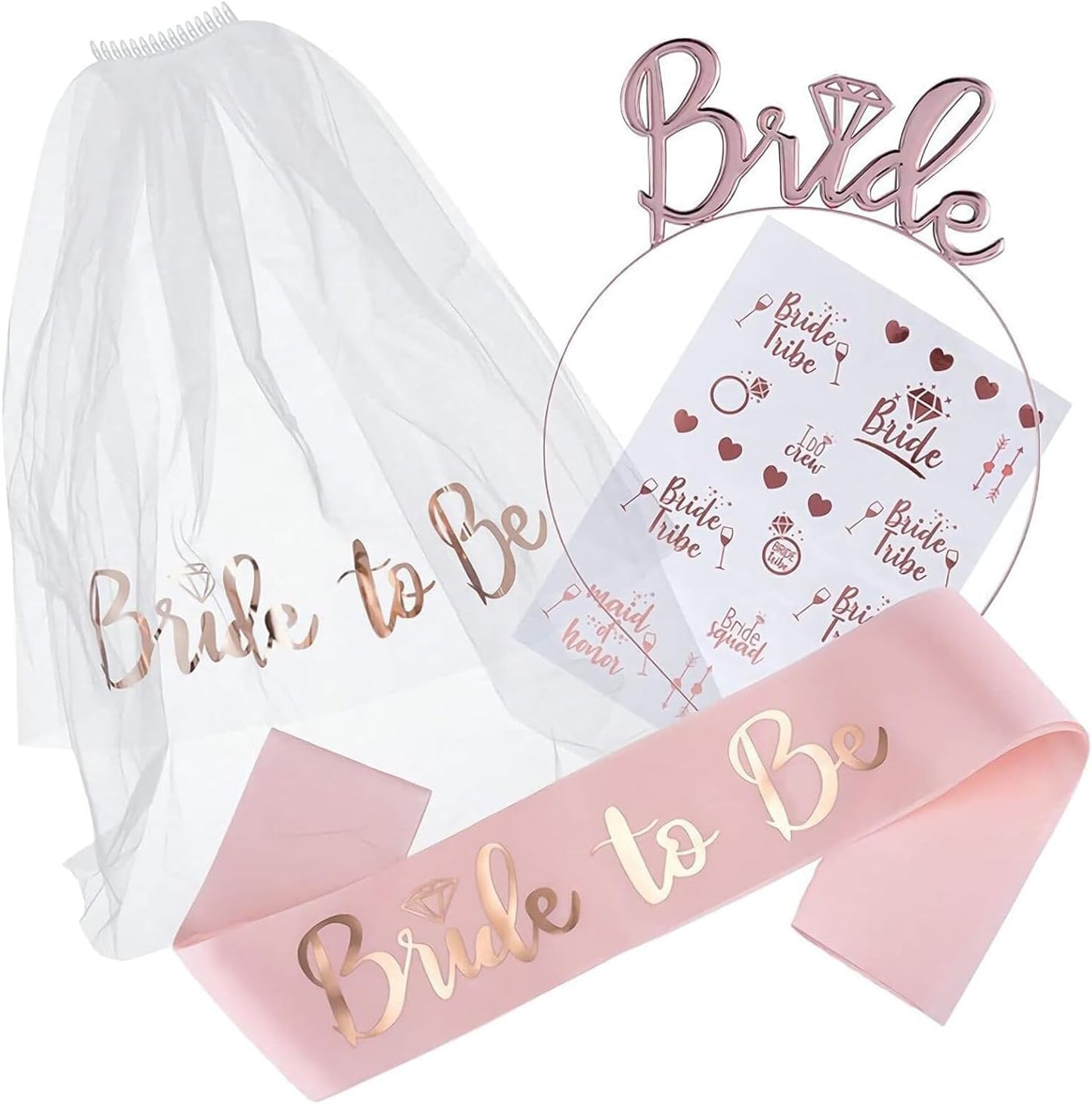 Rose Gold Crown, Sash, and Veil Set - Elegant Bride-to-Be Accessories for Bachelorette Parties, Bridal Showers, and Weddings - Stylish, Comfortable, and Perfect for Celebrating the Bride in Style