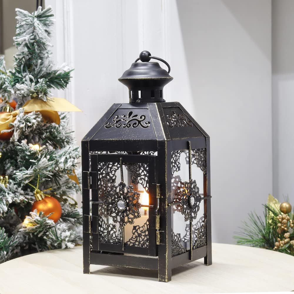 Black antique metal wind candle lantern – vintage retro hanging lantern with rusted metal & glass, classic design with handle for easy carrying, perfect for home décor, outdoor lighting, weddings, and rustic-themed settings.