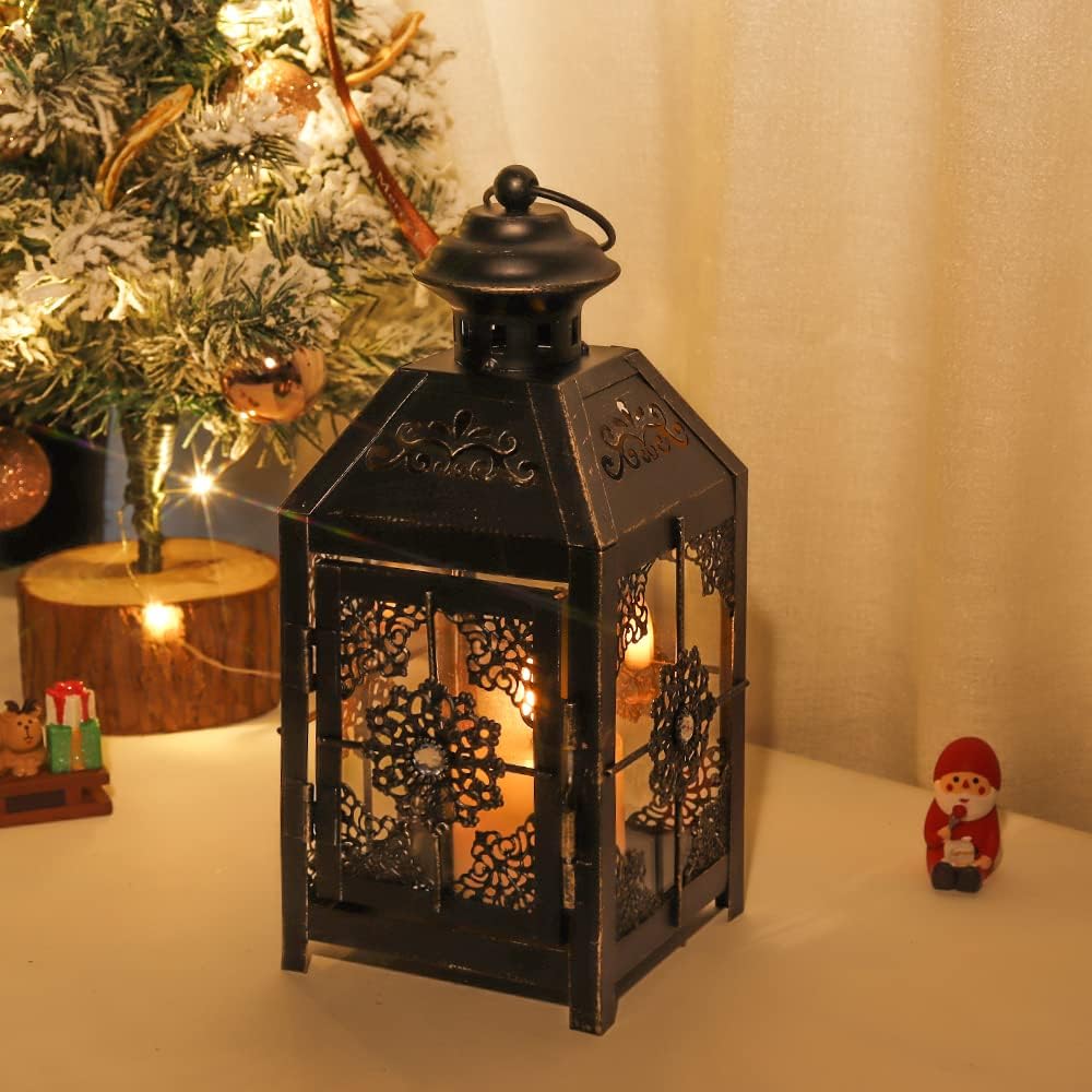 Black antique metal wind candle lantern – vintage retro hanging lantern with rusted metal & glass, classic design with handle for easy carrying, perfect for home décor, outdoor lighting, weddings, and rustic-themed settings.