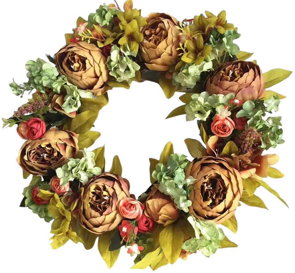 39cm Artificial Peony Wreath for Front Door – Lush Silk Floral Wreath with Pink and White Peonies, Greenery & Eucalyptus – Spring & Summer Decorative Wreath for Home, Wedding, and Garden Decor**