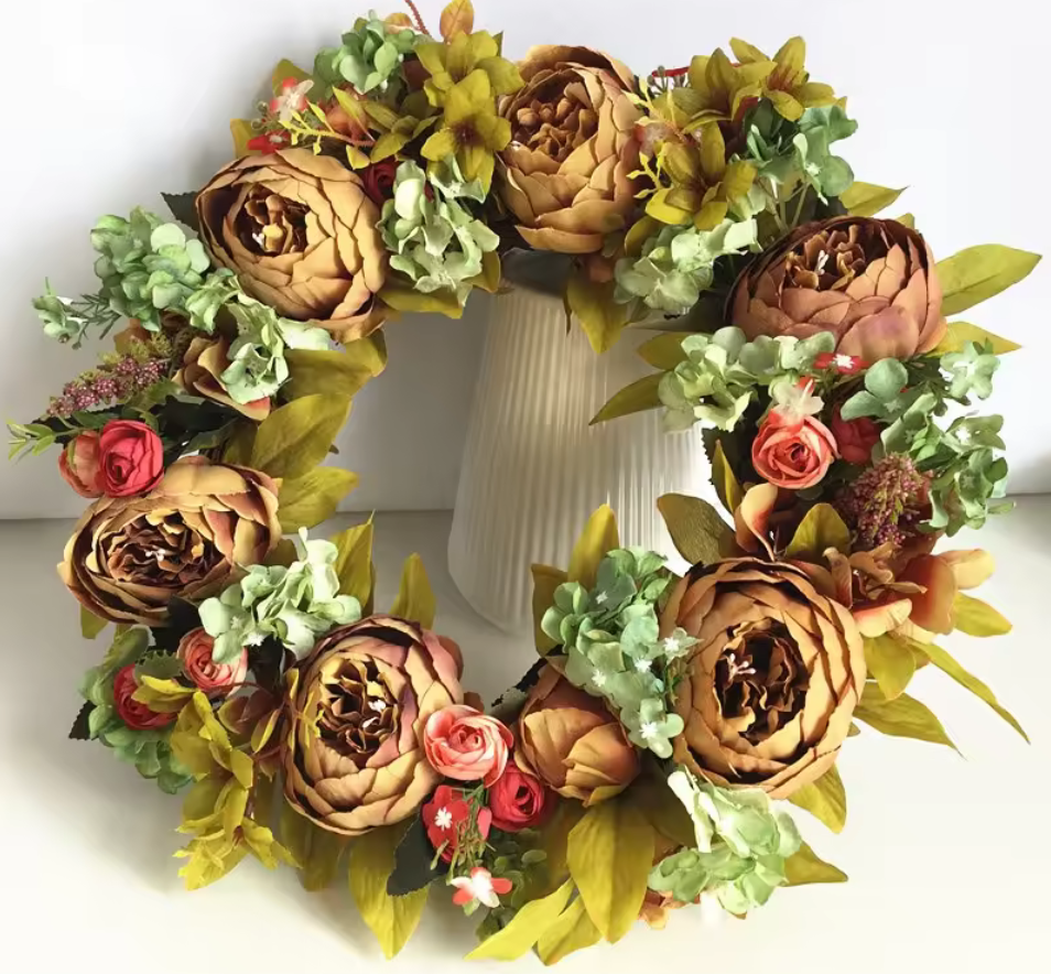 39cm Artificial Peony Wreath for Front Door – Lush Silk Floral Wreath with Pink and White Peonies, Greenery & Eucalyptus – Spring & Summer Decorative Wreath for Home, Wedding, and Garden Decor**