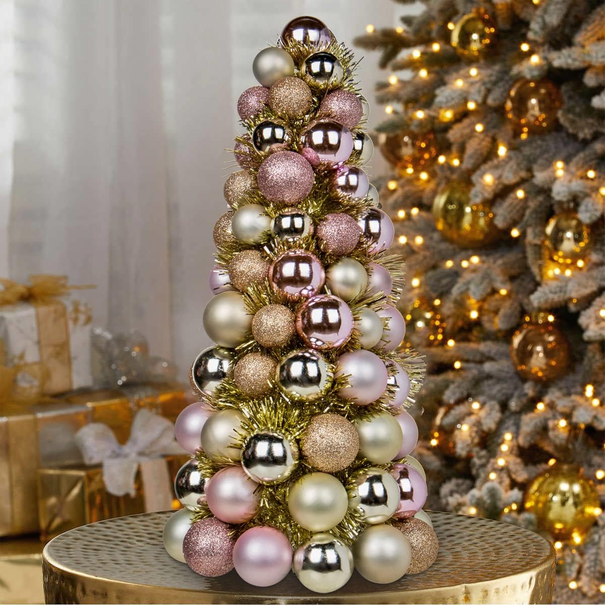 Pink Champagne Bauble Cone 40 cm Elegant Christmas Tabletop Decoration, Festive Ornament Tree with Shatterproof Baubles, Holiday Centerpiece for Mantels, Shelves, and Seasonal Displays