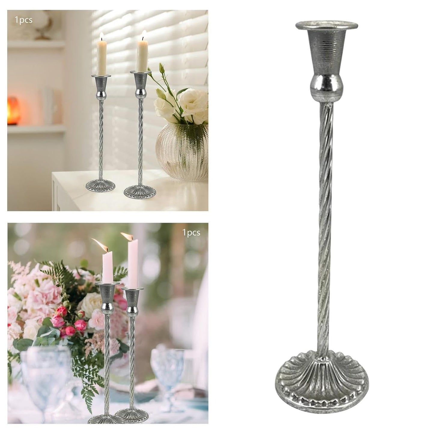 Metal candle holder vintage silver – elegant and antique-inspired design, perfect for home décor, weddings, and special occasions, durable and sturdy construction, adds a classic touch to any space, ideal for taper or pillar candles.