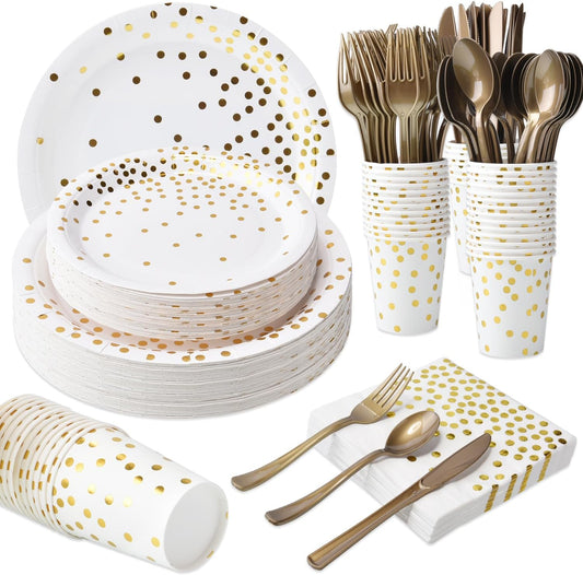 Black and Gold Paper Plates and Napkins Set, 100 Pcs Disposable Dinnerware, 9In & 7In Plates, 3-Ply Napkins, Elegant Party Tableware for Birthdays, Weddings, Baby Showers & Events