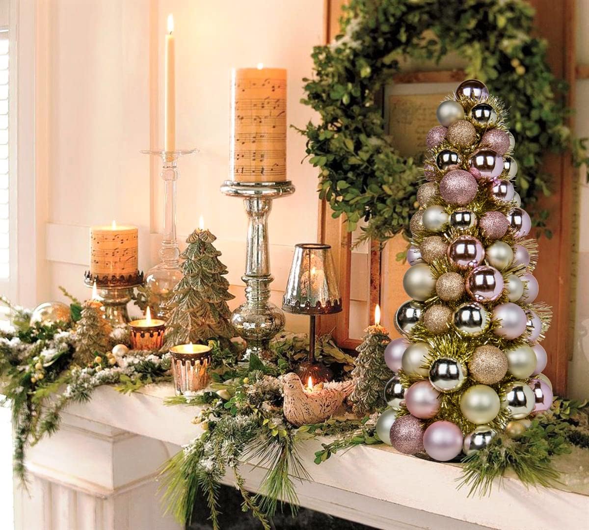 Pink Champagne Bauble Cone 40 cm Elegant Christmas Tabletop Decoration, Festive Ornament Tree with Shatterproof Baubles, Holiday Centerpiece for Mantels, Shelves, and Seasonal Displays