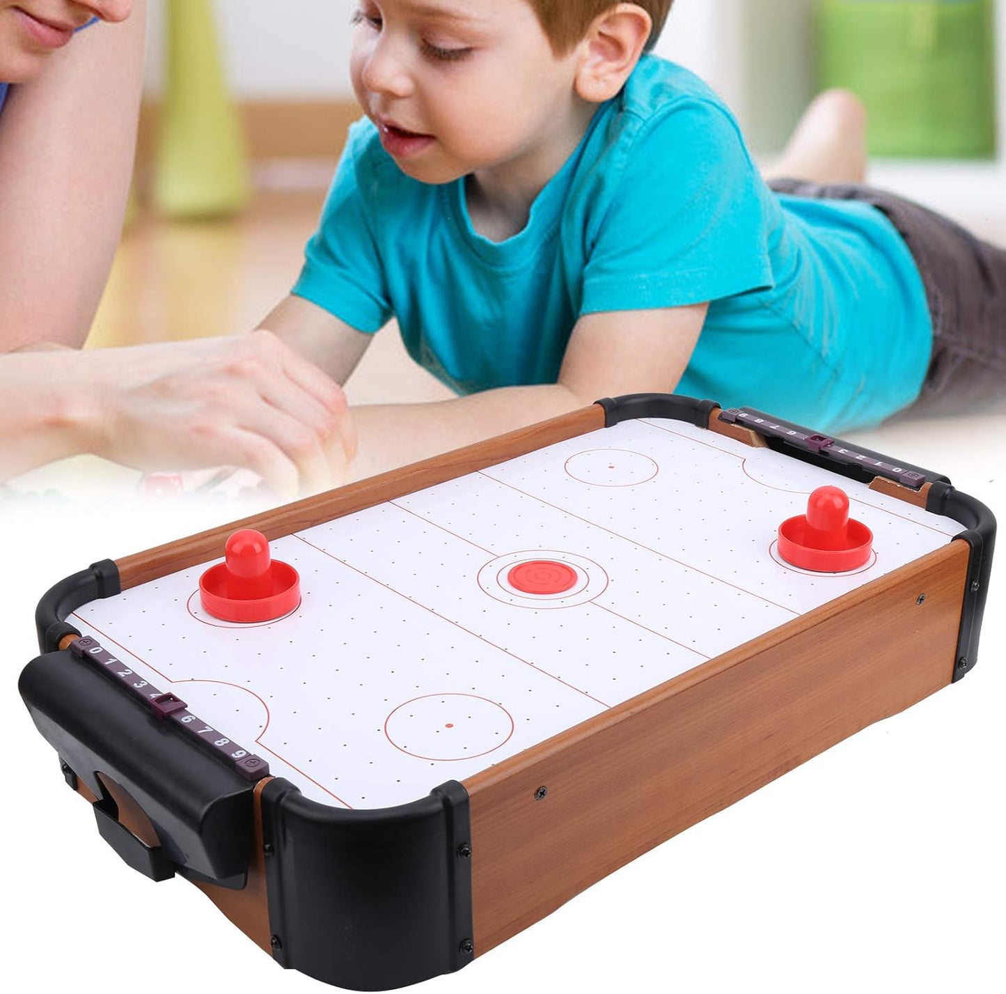 Portable mini indoor tabletop air hockey game – compact and lightweight design, powerful air flow for smooth puck movement, fun and competitive play for kids and adults, perfect for home, parties, and game nights.