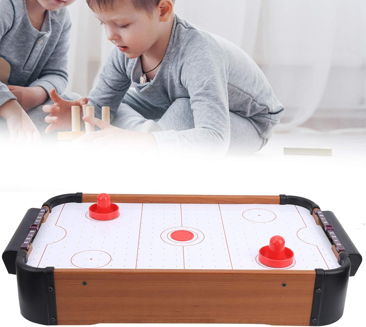 Portable mini indoor tabletop air hockey game – compact and lightweight design, powerful air flow for smooth puck movement, fun and competitive play for kids and adults, perfect for home, parties, and game nights.