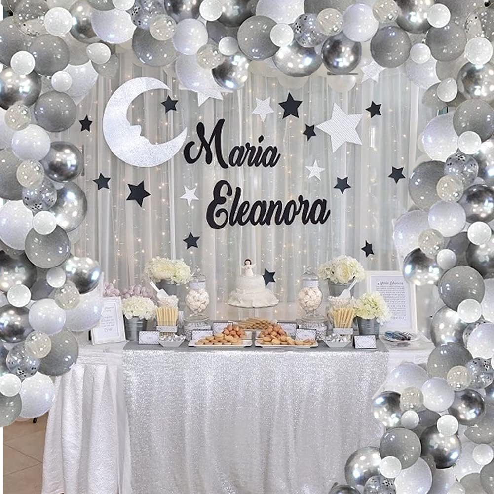 White Silver Balloon Garland Arch Kit, 100 Pcs Set, 5In, 10In, 12In Metallic Chrome & Silver Confetti Balloons, DIY Party Decoration for Birthday, Wedding, Baby Shower & Events