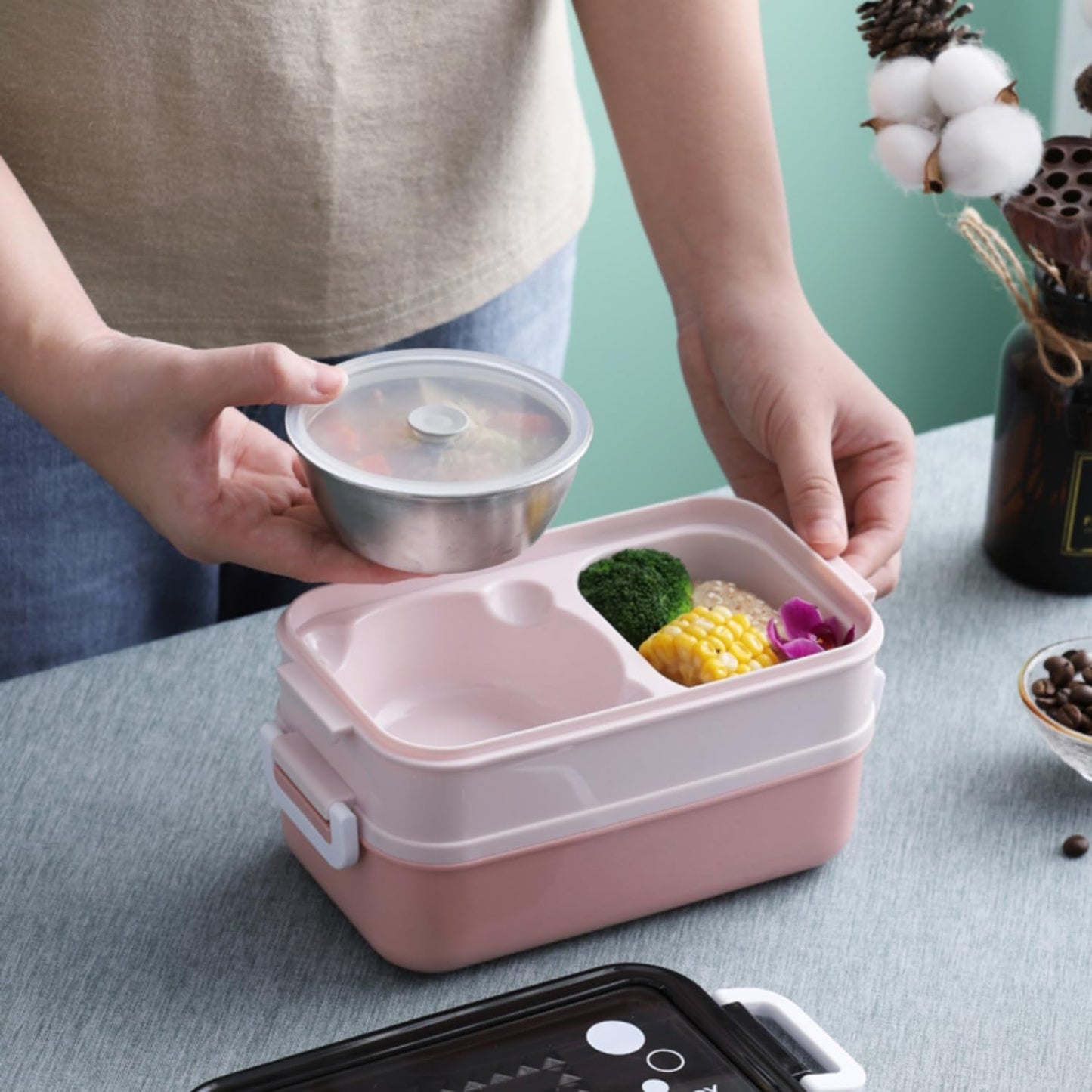 Pink Plastic Lunch Box Set Durable and Stylish Lunch Boxes for Kids and Adults Food Storage Containers with Leak-Proof Lids for School Office and Travel Use