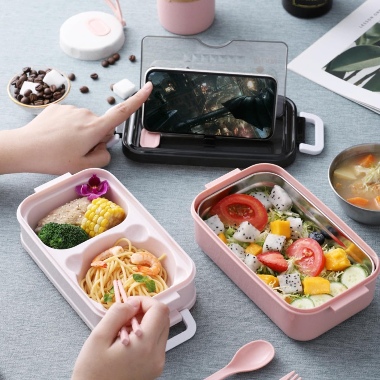 Pink Plastic Lunch Box Set Durable and Stylish Lunch Boxes for Kids and Adults Food Storage Containers with Leak-Proof Lids for School Office and Travel Use