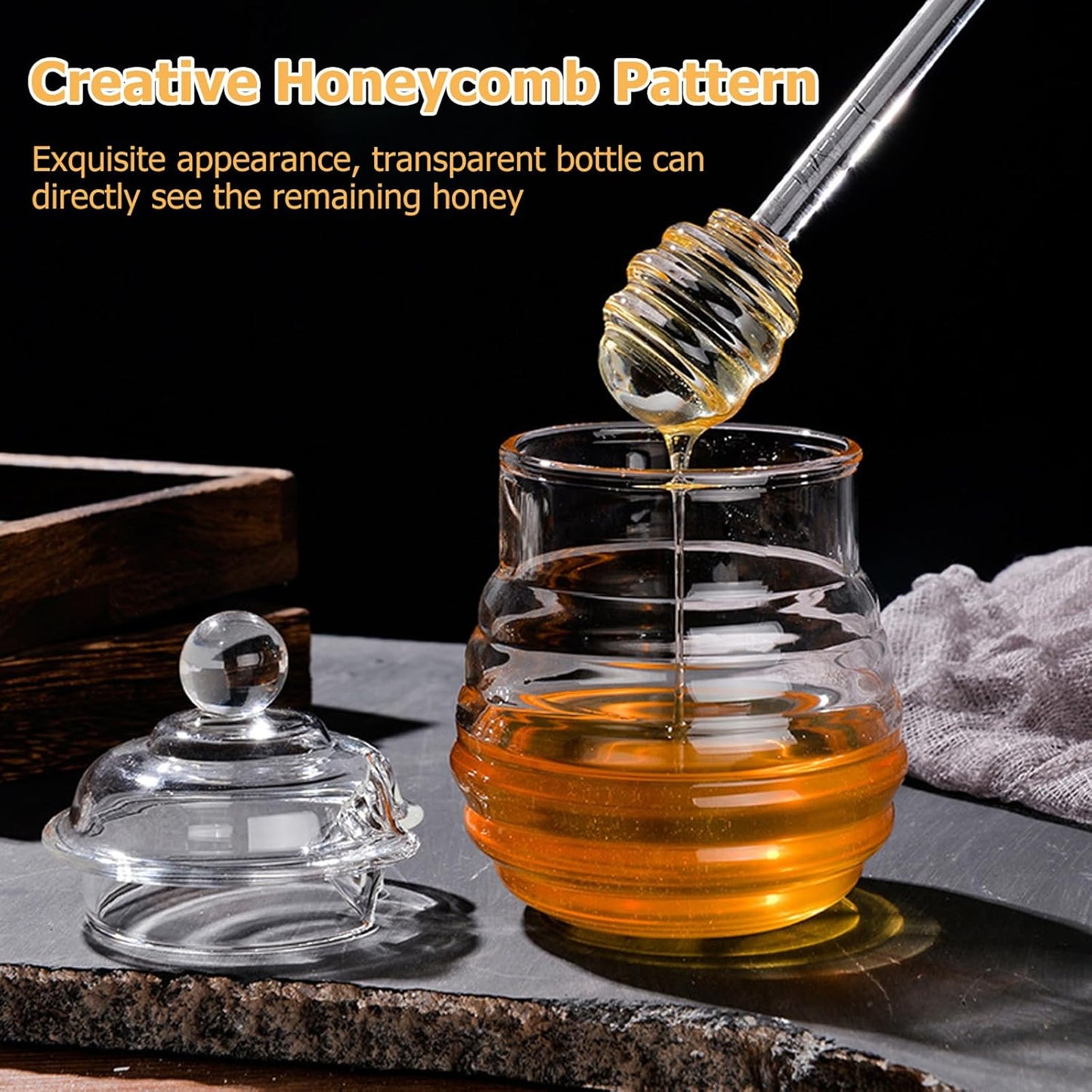 Glass Honey Jar with Dipper - Elegant and Practical Honey Storage - Made of Clear Glass for Easy Viewing - Includes a Wooden Dipper for Convenient and Mess-Free Serving - Ideal for Kitchen or Dining Table Use