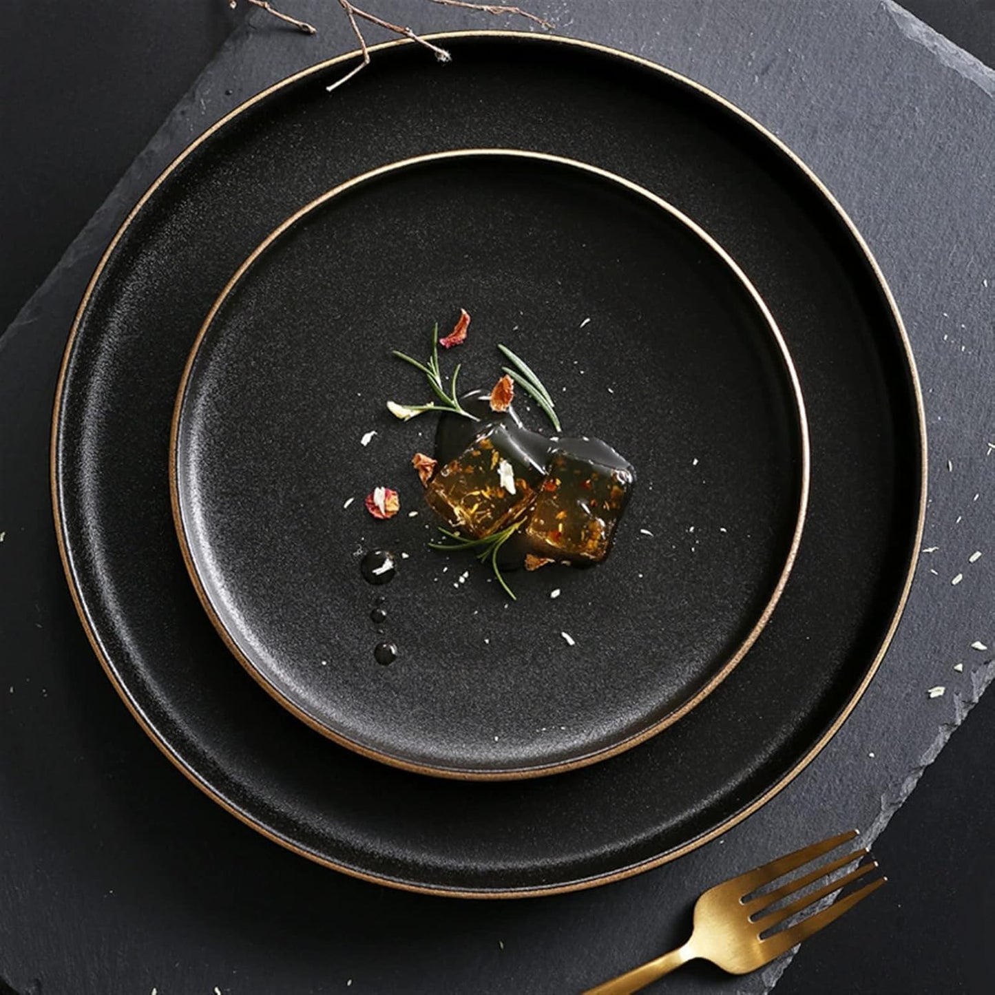 6-Inch Frosted Black Plate with Gold Rim Elegant Ceramic Dinnerware for Home and Restaurant Modern Matte Finish Durable and Scratch-Resistant for Everyday Use and Special Occasions