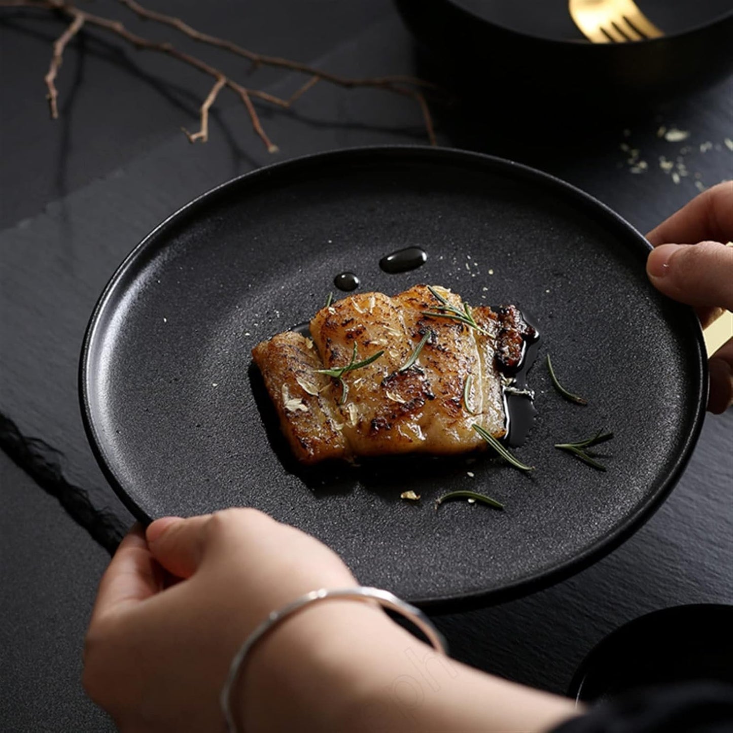 6-Inch Frosted Black Plate with Gold Rim Elegant Ceramic Dinnerware for Home and Restaurant Modern Matte Finish Durable and Scratch-Resistant for Everyday Use and Special Occasions