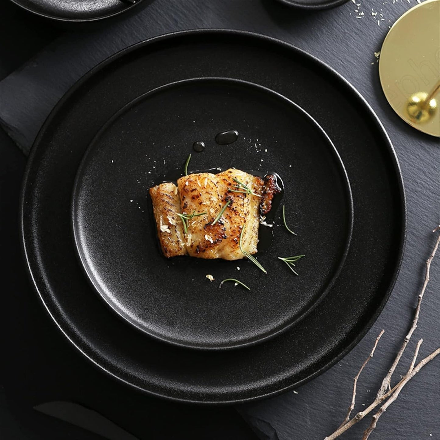 10-Inch Frosted Black Plate with Gold Rim Elegant Ceramic Dinnerware for Home and Restaurant Modern Matte Finish Durable and Scratch-Resistant for Everyday Use and Special Occasions