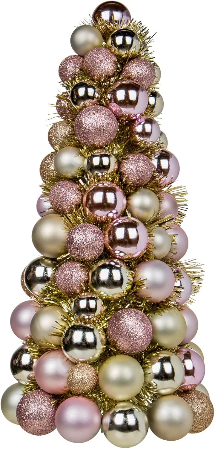 Pink Champagne Bauble Cone 40 cm Elegant Christmas Tabletop Decoration, Festive Ornament Tree with Shatterproof Baubles, Holiday Centerpiece for Mantels, Shelves, and Seasonal Displays