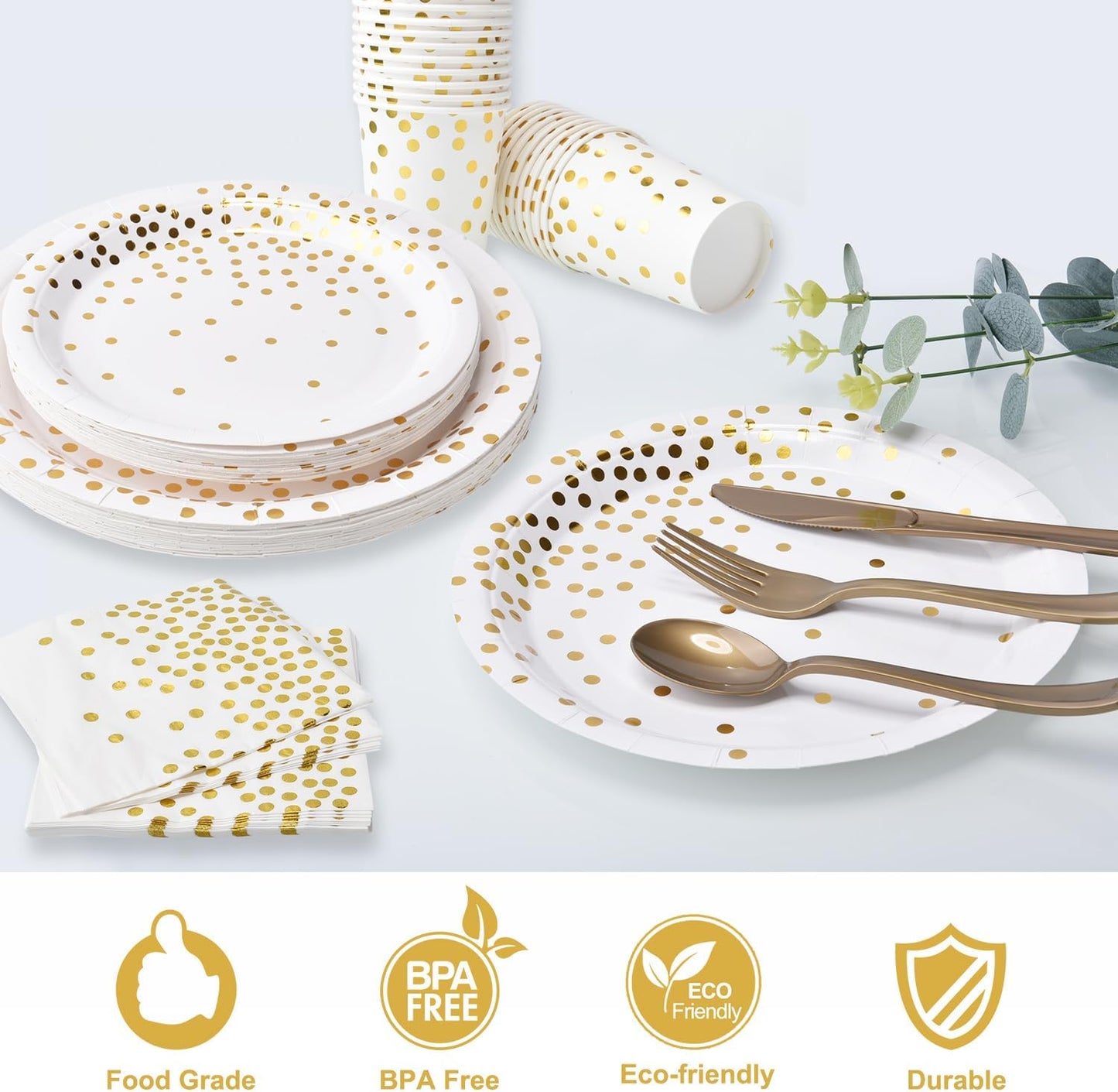 Black and Gold Paper Plates and Napkins Set, 100 Pcs Disposable Dinnerware, 9In & 7In Plates, 3-Ply Napkins, Elegant Party Tableware for Birthdays, Weddings, Baby Showers & Events