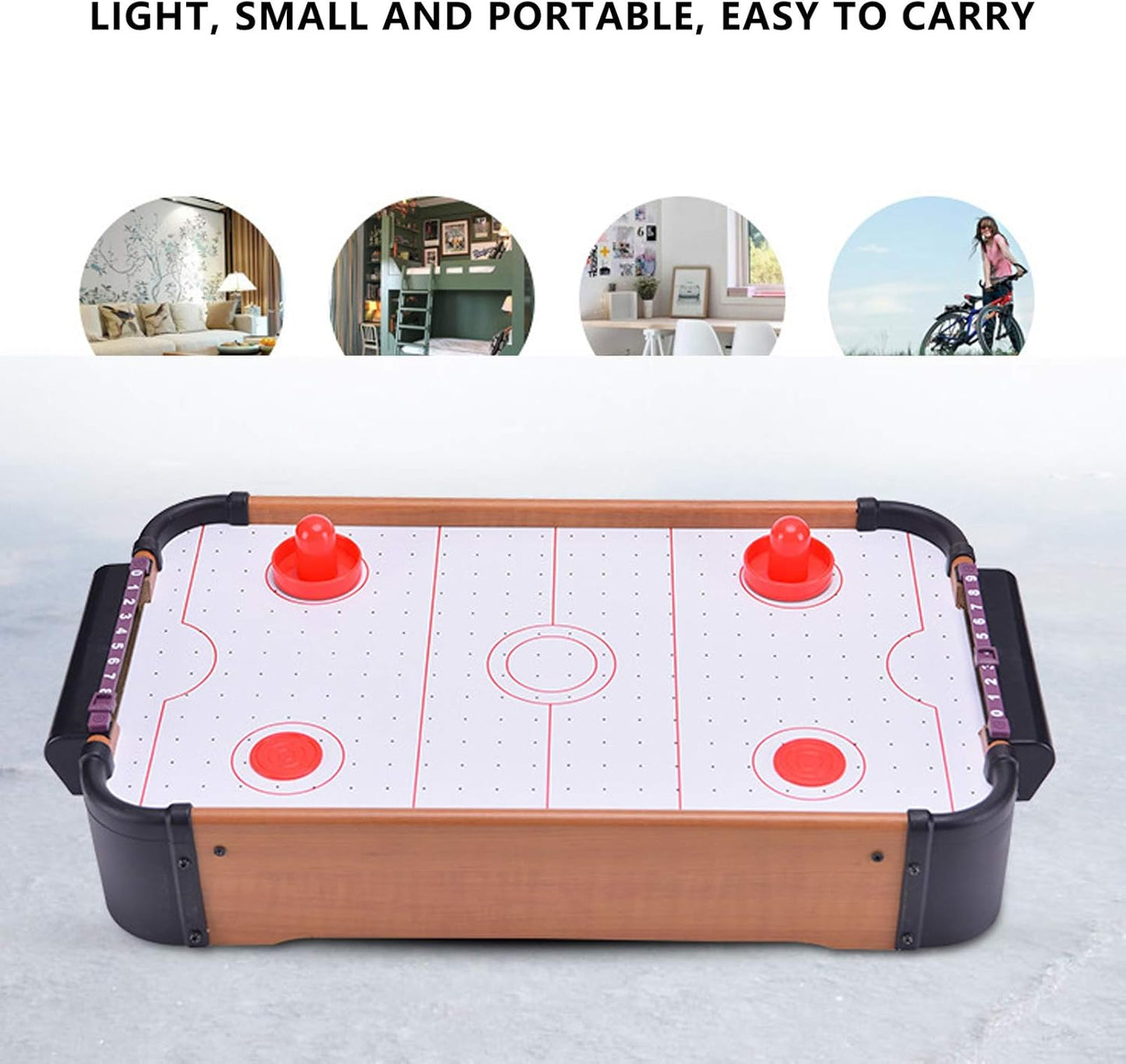 Portable mini indoor tabletop air hockey game – compact and lightweight design, powerful air flow for smooth puck movement, fun and competitive play for kids and adults, perfect for home, parties, and game nights.