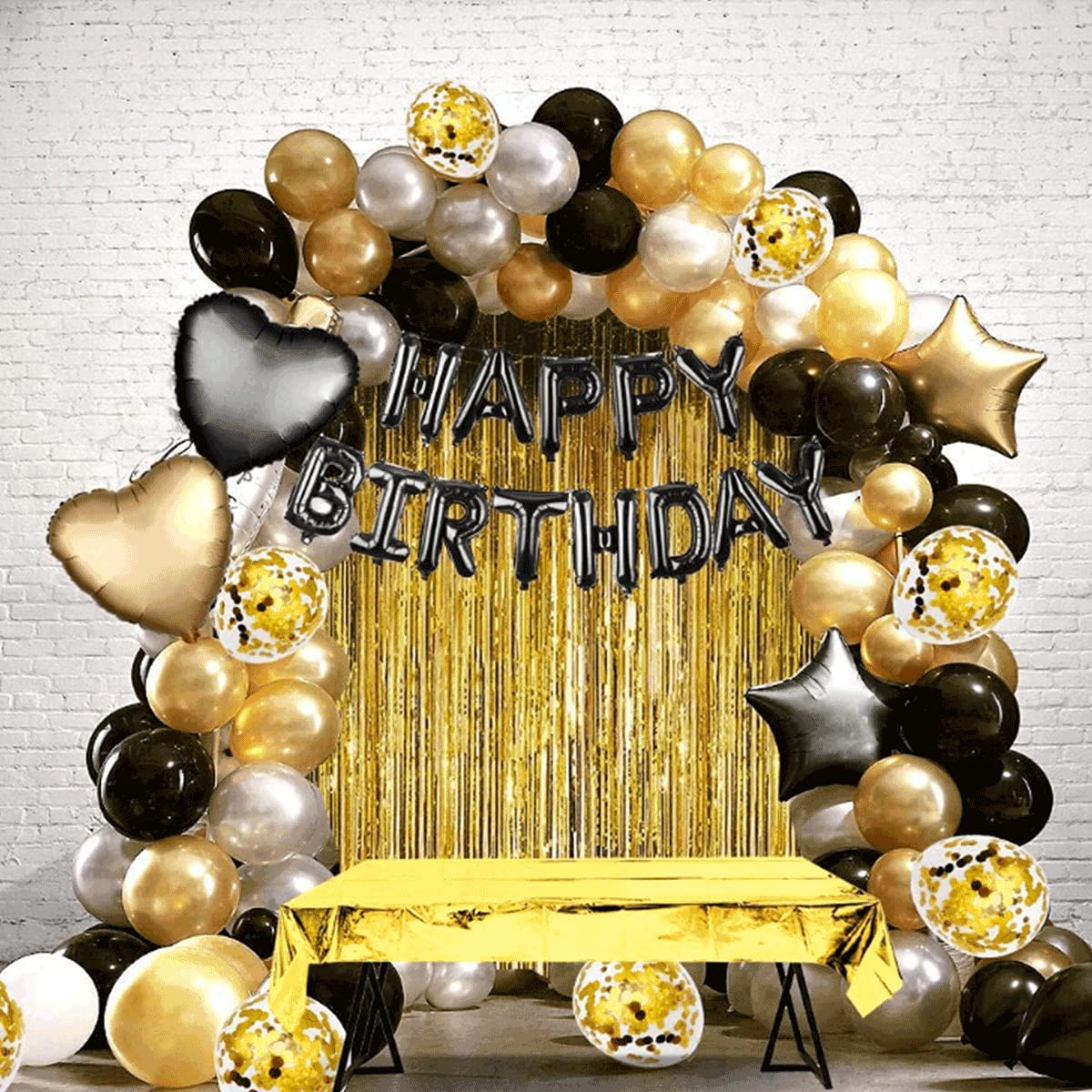 Black and Gold Party Decorations Confetti Balloons with Banner Star and Heart Stylish Celebration Set for Birthdays Weddings Graduations and Special Events