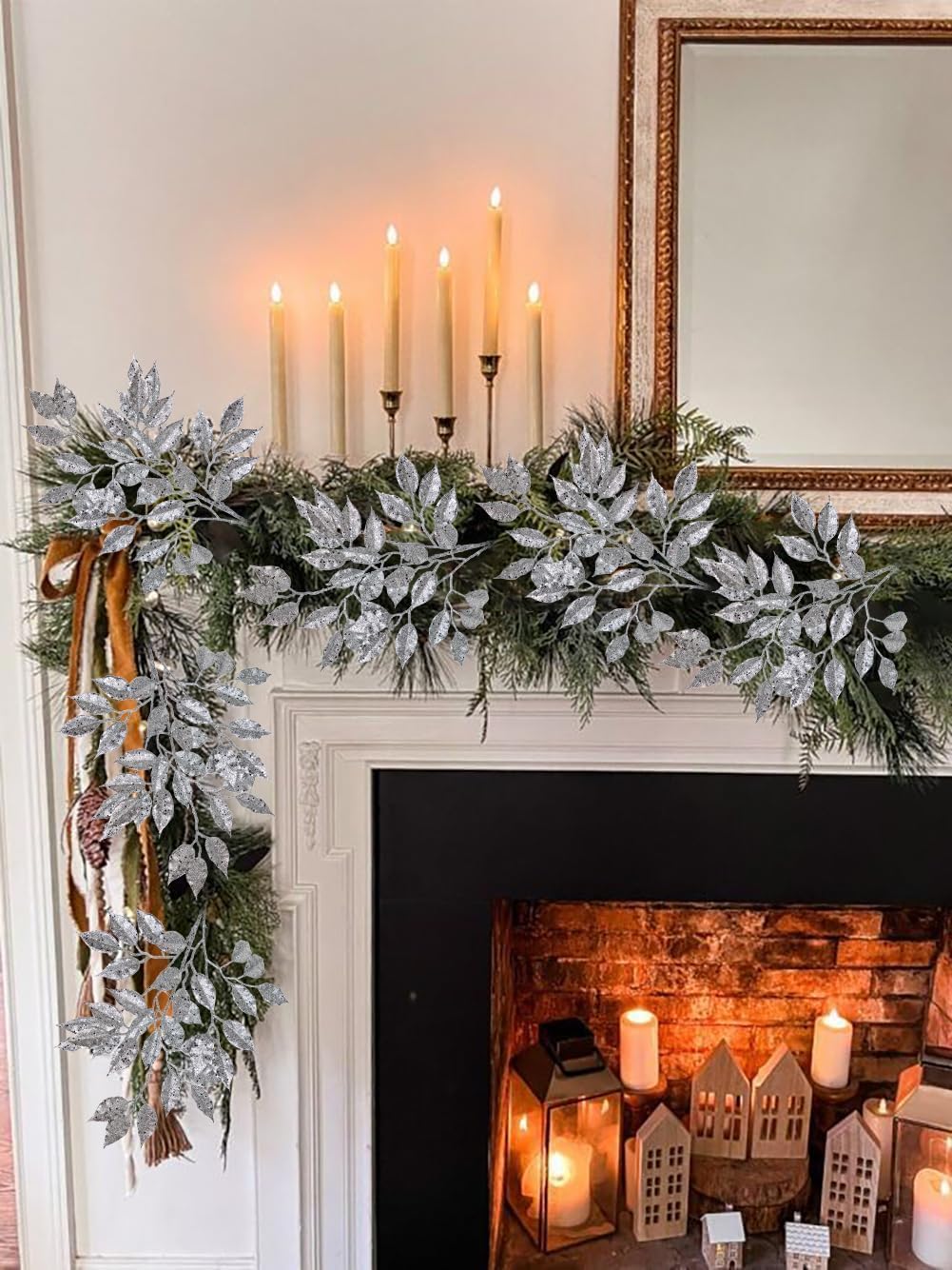 Glitter Silver Branch Elegant Christmas Decoration with Sparkling Finish, Festive Accent for Floral Arrangements, Wreaths, and Holiday Displays