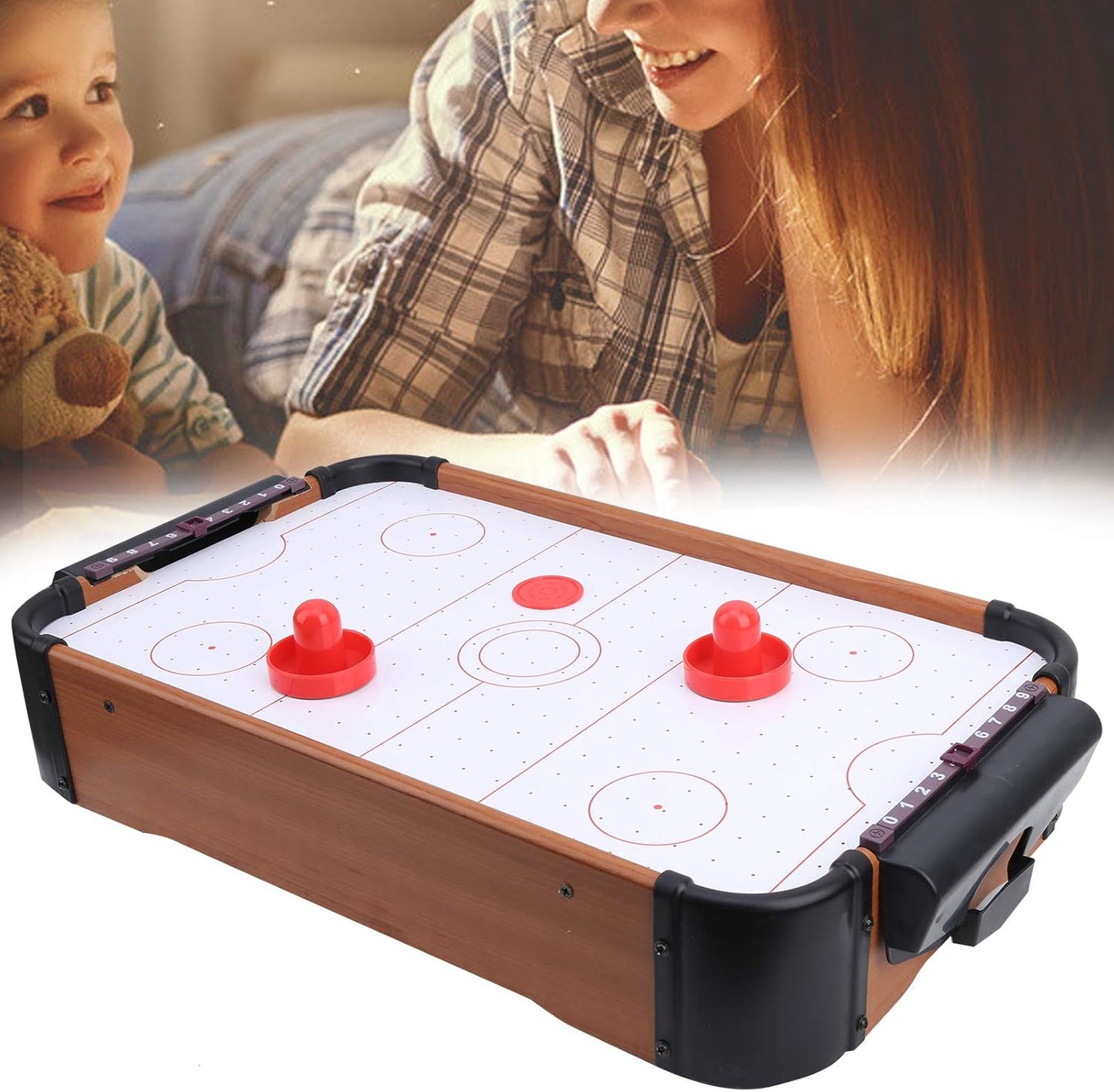 Portable mini indoor tabletop air hockey game – compact and lightweight design, powerful air flow for smooth puck movement, fun and competitive play for kids and adults, perfect for home, parties, and game nights.