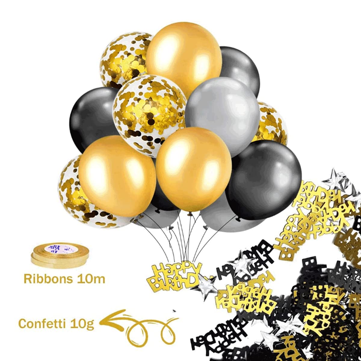 Black and Gold Party Decorations Confetti Balloons with Banner Star and Heart Stylish Celebration Set for Birthdays Weddings Graduations and Special Events